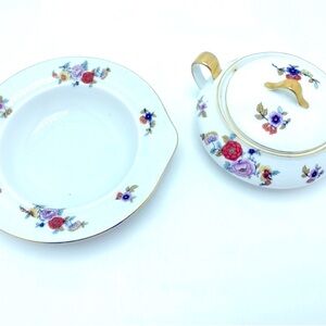 Set of 2 Czechoslovakian Epaig Covered Bowl w Small Bowl W Gold Trim
